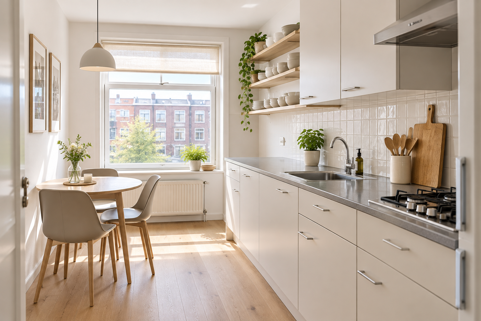 Sunlit kitchen and dining corner of a Dutch rental apartment