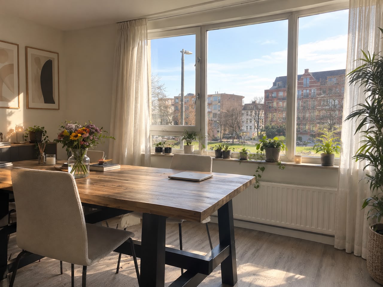 Bright dining and workspace area with a view over Dutch city buildings