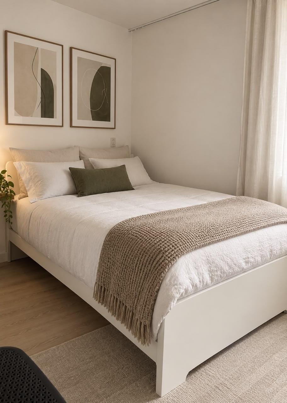 Warm, simply furnished bedroom prepared for a new tenant