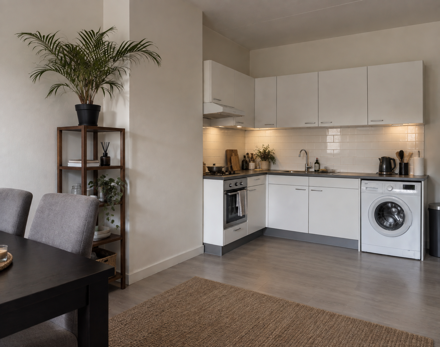 Modern open-plan kitchen and dining area in a rental apartment